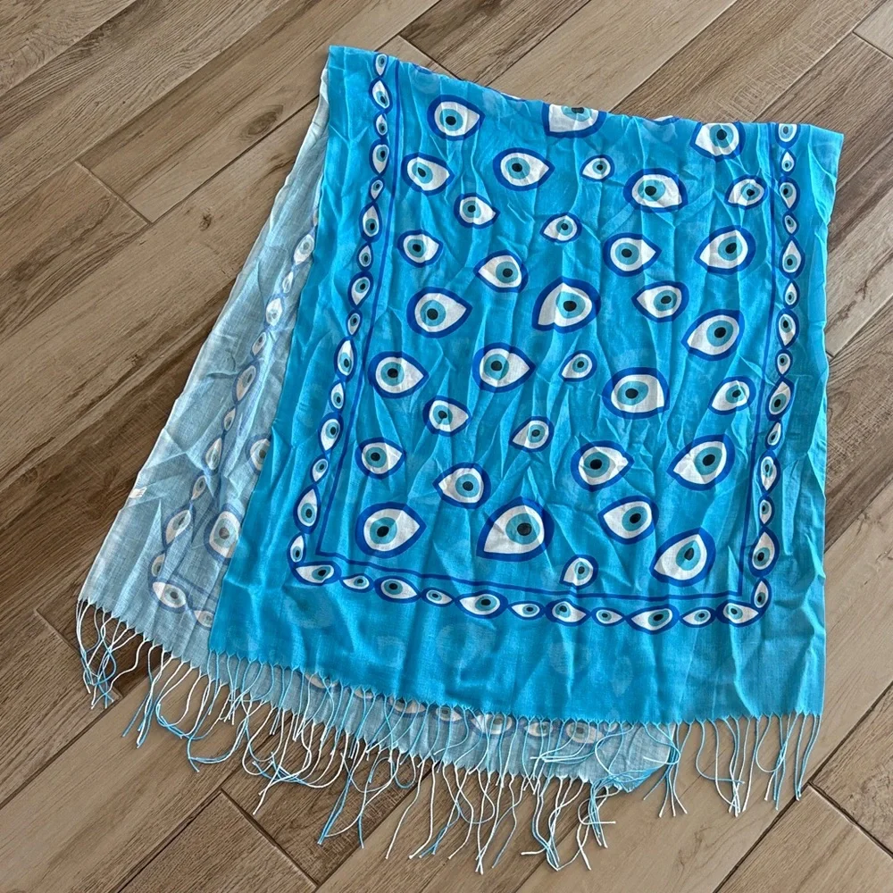 Light Blue Printed Fringe Beach Wrap Scarf by - Picture 2 of 3